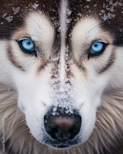 blue eyes husky dog close up photo, light azure and, prehistoricore, inuit art photo