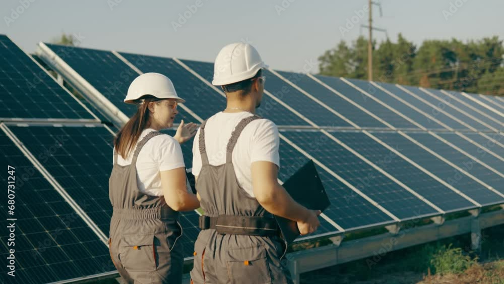 Experts study the operation of a solar power plant while walking around the farm Experts study the operation of a solar power plant while walking around the farm