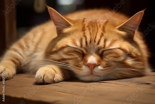 Beautiful ginger cat sleeping on a wooden table. Close up. Ai Generated.