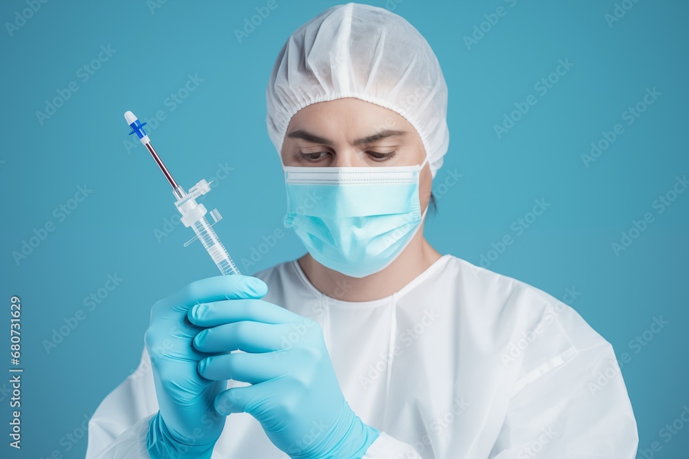Young female doctor in mask and gloves with syringe on blue background. Ai Generated.