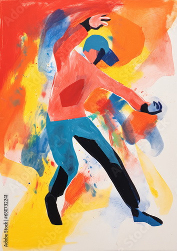 Abstract painting of a figure of a man dancing - expressive loose gouache painting in bright red and yellow and blue primary colours