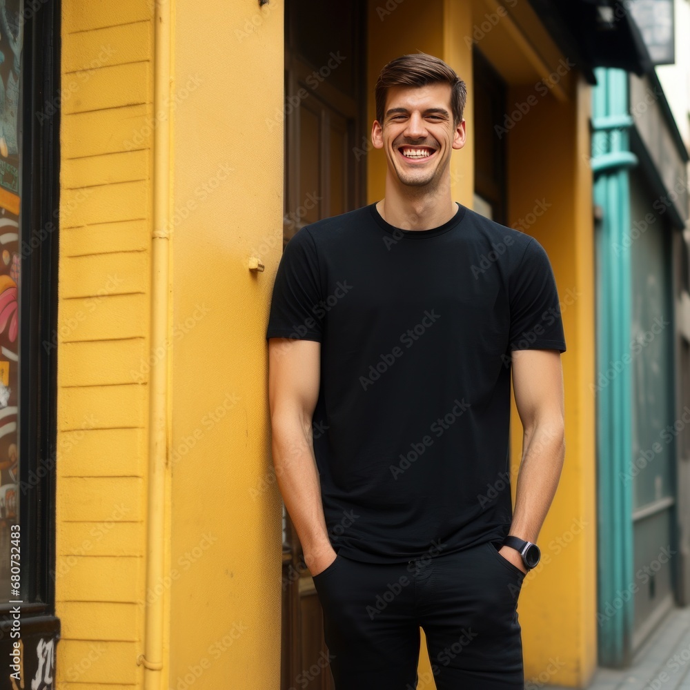Smiling man in black t-shirt on yellow background outdoors AI Smiling man in black t-shirt on yellow background outdoors AI