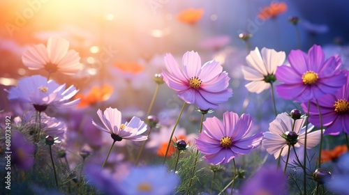 cosmos flowers on a sunny background, light violet and light amber, light orange and light navy, tranquil gardenscapes photo