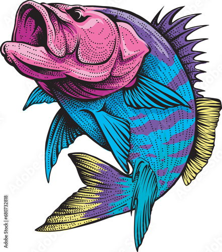 Colorful big bass fish jumping, suitable for t-shirt and sticker designs