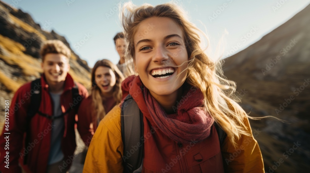 Close up photo of several students or happy young people hiking high in the mountains in daylight