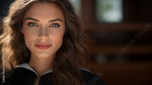Close up photo portrait of a young model woman judge with glowing skin with great skin and hair care and perfect makeup standing on sunny golden hour street with a slight smile