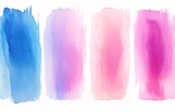 four watercolor brush strokes in bright pink and blue, gradient color blends, linear delicacy, light purple and dark azure