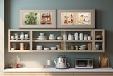 Neatly organized kitchen shelf with various dishes on the wall
