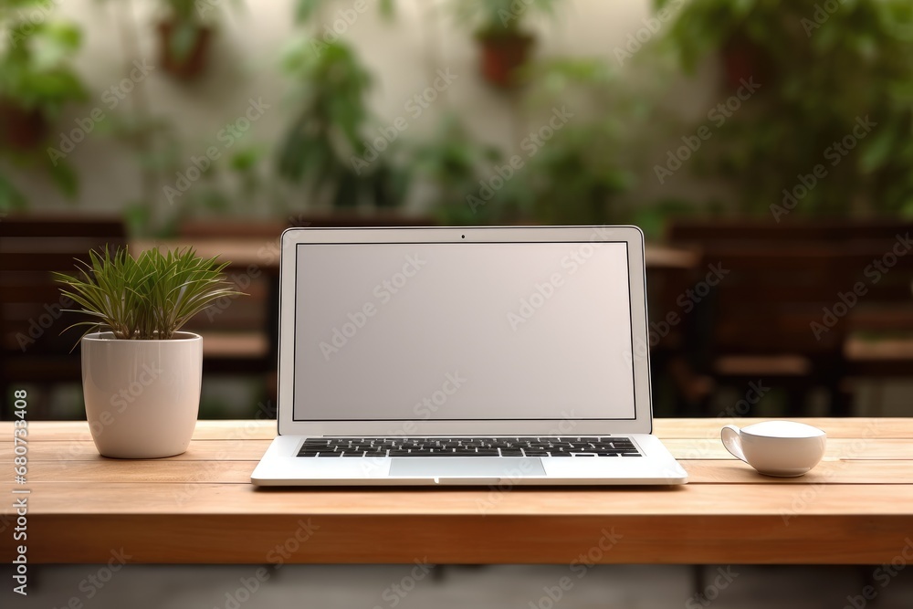 Simple and Inviting Workspace with Laptop, Coffee Cup, and Blank Notepad on Desk Simple and Inviting Workspace with Laptop, Coffee Cup, and Blank Notepad on Desk
