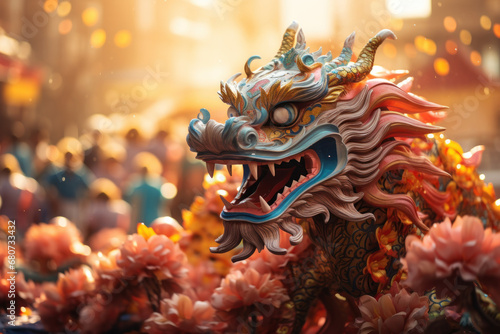 A Chinese dragon winding through a vibrant parade. Concept of cultural celebration and tradition. Generative Ai.