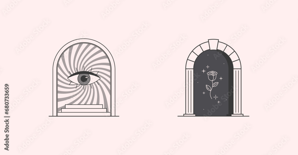 Vector mystic logo design templates with portals,steps,eye,magic flower and stars.Surreal abstract illustrations in trendy minimal outline style.Magical emblems.Branding design templates. Vector mystic logo design templates with portals,steps,eye,magic flower and stars.Surreal abstract illustrations in trendy minimal outline style.Magical emblems.Branding design templates.