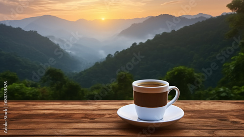 Coffee cup on wood table and view of beautiful nature background. AI Generative.