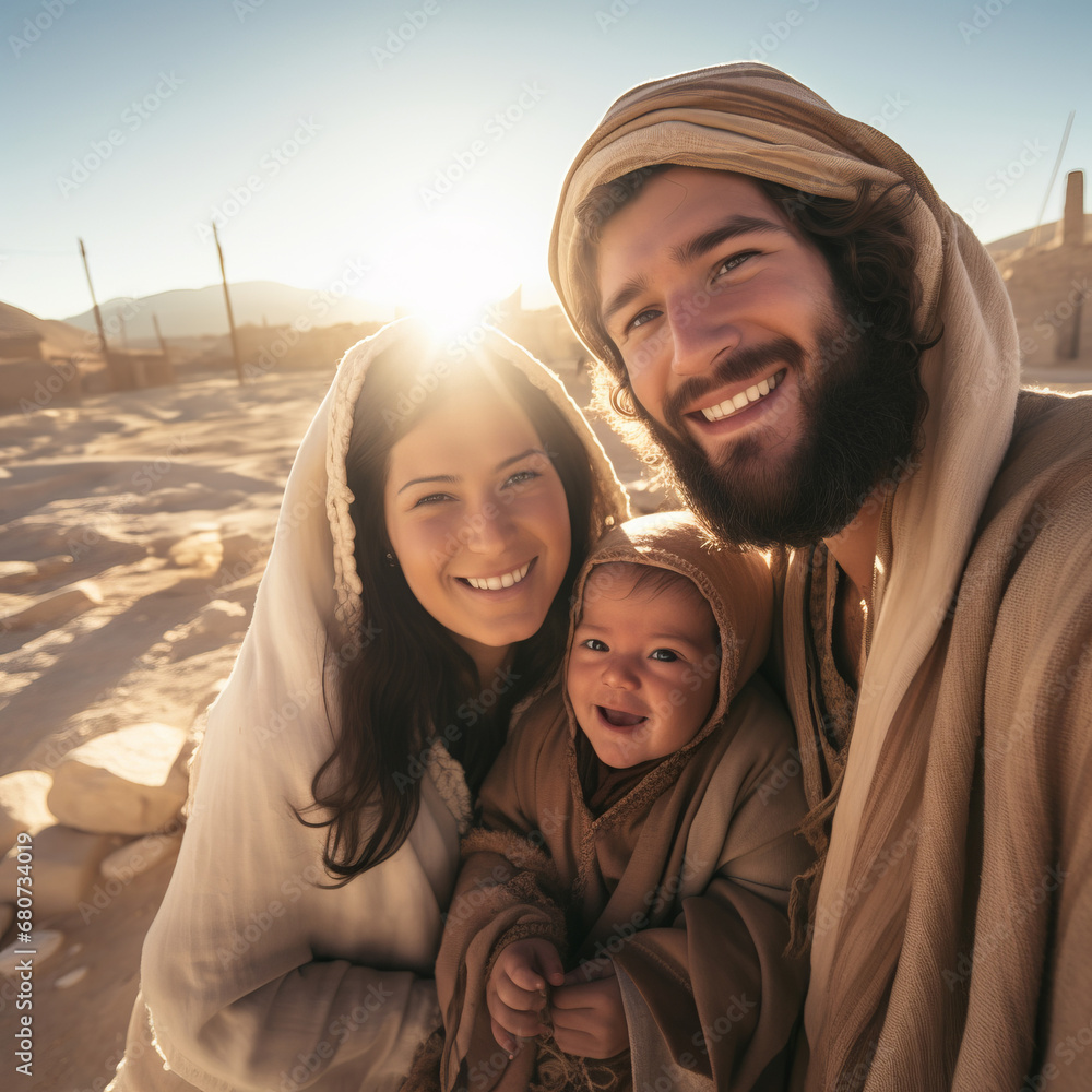 selfie style portrait of Mary and Joseph with baby Jesus. Religious Christmas nativity scene selfie style portrait of Mary and Joseph with baby Jesus. Religious Christmas nativity scene