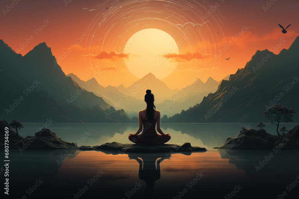 Women in meditation overlooking sunset river and mountains view illustration