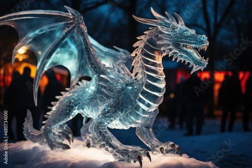 A dragon-shaped ice sculpture gleaming at a winter festival. Concept of ice carving and seasonal celebrations. Generative Ai.
