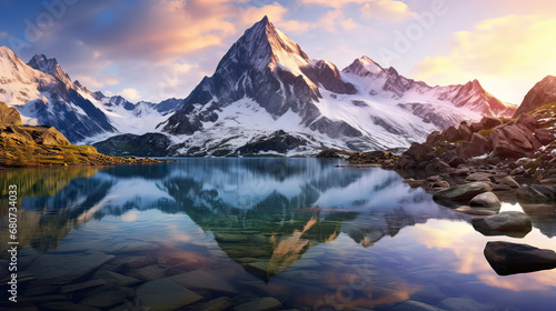 Pristine Swiss alpine lakes reflecting the monumental beauty of towering, snow-draped peaks AI generative
