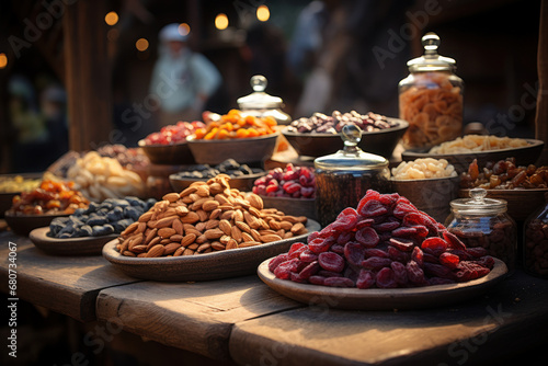 A market stall selling dried fruits, nuts, and sweets for Orthodox Old New Year's celebrations. Concept of festive treats and markets. Generative Ai.