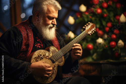 A musician playing traditional folk songs on a balalaika for an Old New Year's gathering. Concept of musical heritage and culture. Generative Ai.