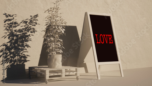 Modellazione 3D e rendering di cavalletto con testo LOVE e bancale con vaso con pianta photo