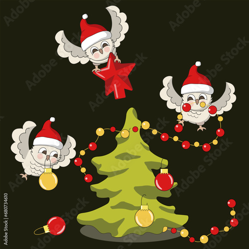 Three owl friends decorate a fir tree with lights  ornaments and a star. Cartoon vector illustration on black background.