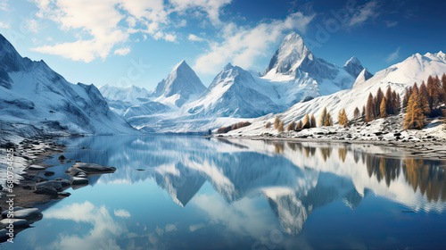 Pristine Swiss alpine lakes reflecting the monumental beauty of towering, snow-draped peaks AI generative © SK