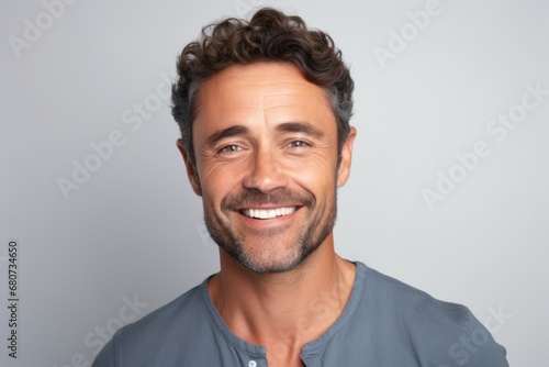 Portrait of a handsome man smiling and looking at camera against grey background