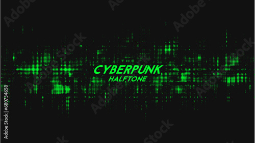 Abstract vector green cyberpunk halftone sound wave. Scrathed dotted texture element.