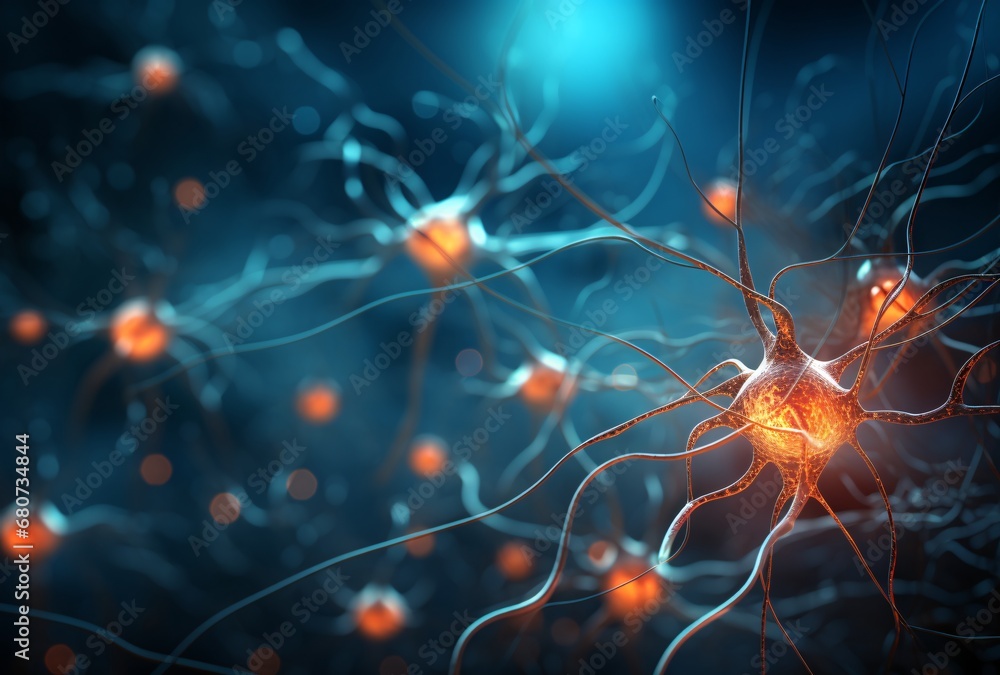 of neurons looking up, dynamic movement and energy, dark cyan and orange, realistic rendering of neurons looking up, dynamic movement and energy, dark cyan and orange, realistic rendering