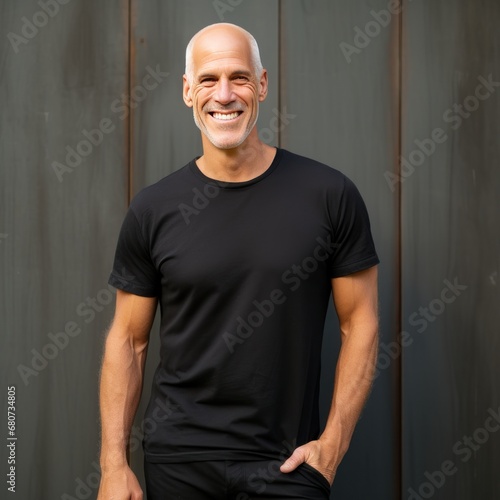 Elderly man smiling in black t-shirt on grey wall AI