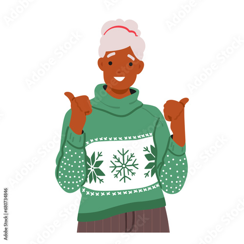 Elderly Lady Dons A Cozy Christmas Sweater, Adorned With Festive Patterns And Colors. African American Stylish Female