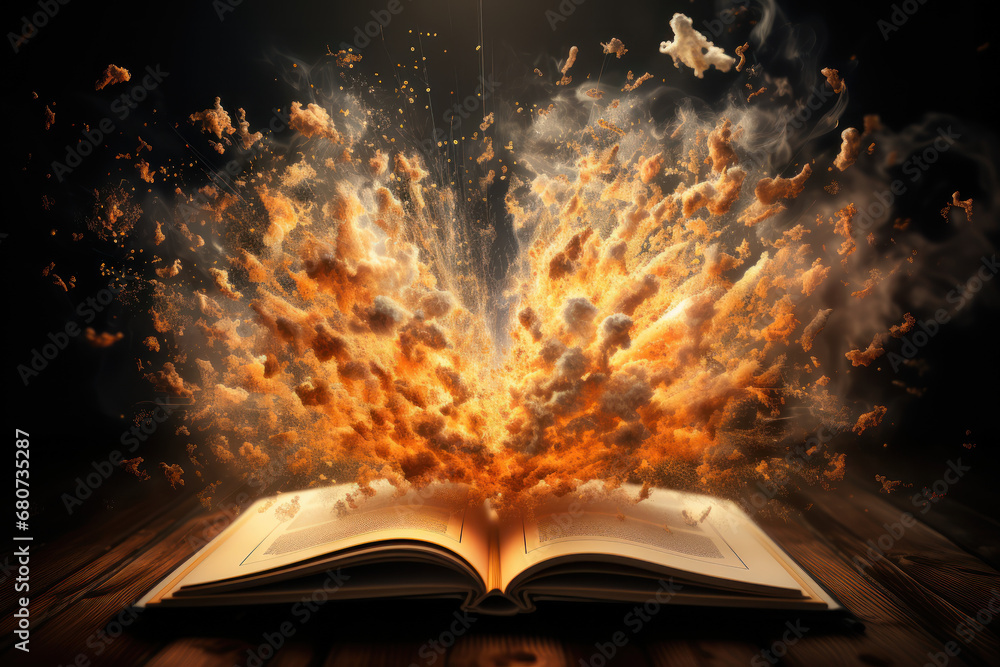A burst of creativity exploding from an open book, where words and phrases transform into imaginative concepts. Concept of literary inspiration. Generative Ai. A burst of creativity exploding from an open book, where words and phrases transform into imaginative concepts. Concept of literary inspiration. Generative Ai.