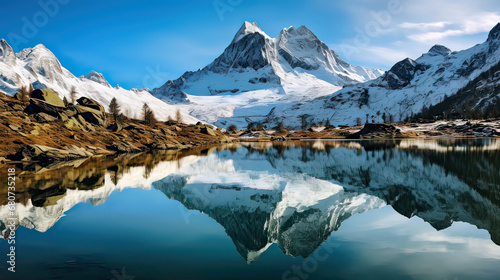 Pristine Swiss alpine lakes reflecting the monumental beauty of towering, snow-draped peaks AI generative