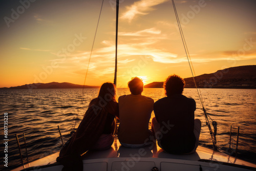 Young people sitting on the yacht deck sailing sea ocean in sunset. Summer, vacation, travel, sea, holidays, friendship concept