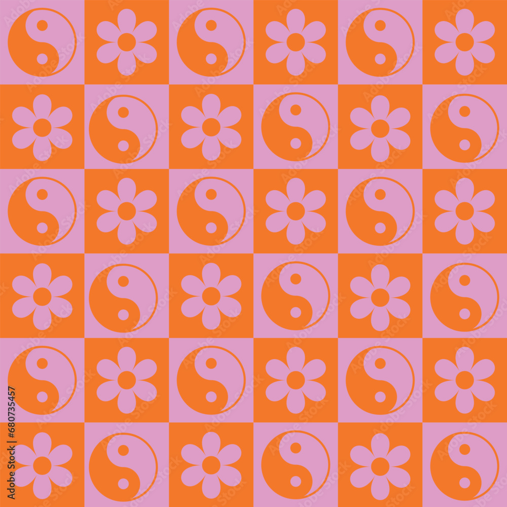 Checkered retro flowers with Yin and yang signs seamless pattern in pink and orange. For stationary, fabric and backgrounds. Checkered retro flowers with Yin and yang signs seamless pattern in pink and orange. For stationary, fabric and backgrounds.