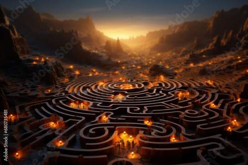 A labyrinth of interconnected pathways, signifying the complex and winding journey of generating innovative ideas. Concept of the maze of creativity. Generative Ai.