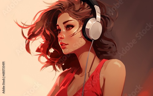 Anime girl with red hair listening music in gaming headphones AI