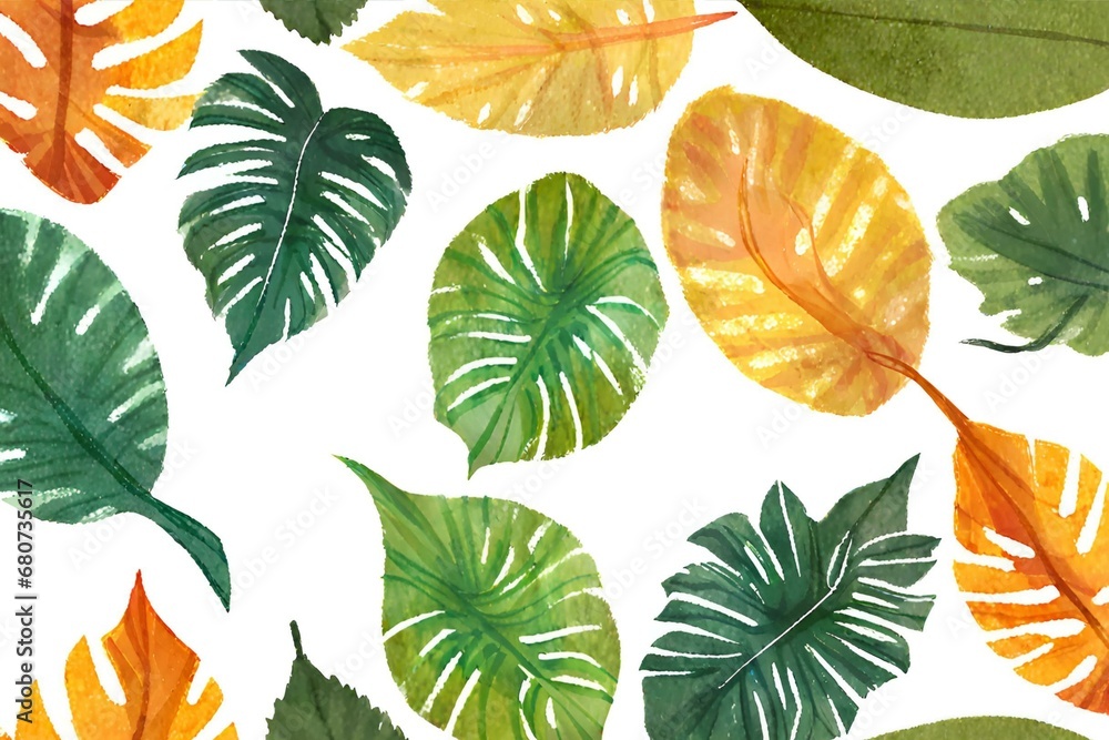 Obraz premium tropical leaves watercolor background, paper background with the imprint of tropical leaves