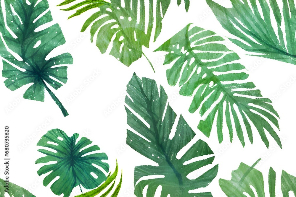 tropical leaves watercolor background, paper background with the imprint of tropical leaves
