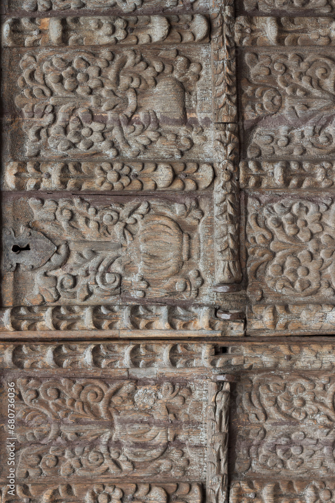 Detail of a wooden carved door of a house called La Casa del Moral in Arequipa, Peru.