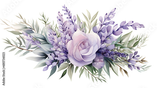 Watercolor eucalyptus leaves and lavender flower bouquet, isolated bunch of flowers for decoration on transparent. Generative AI photo