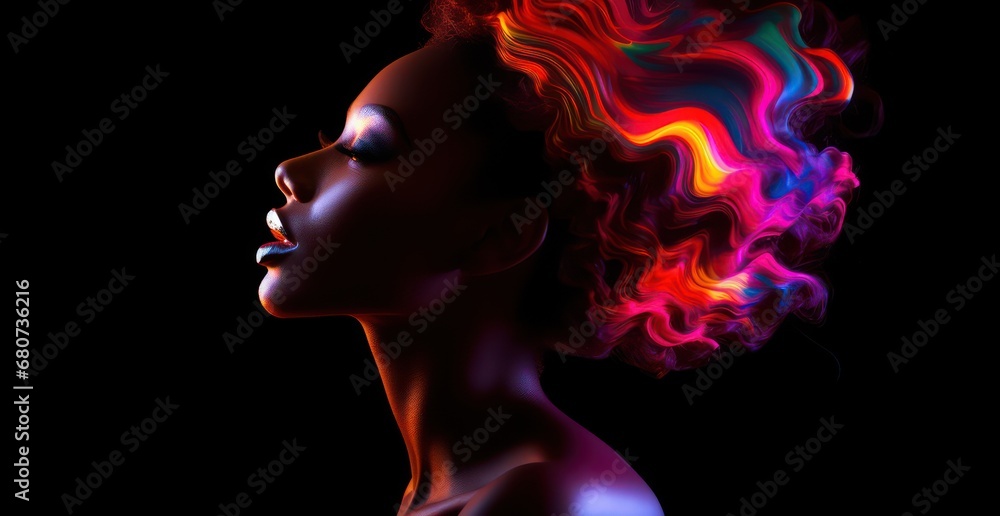  black woman silhouette, with abstract bright colorful hair  in liquid motion,  against dark background, for black history month  concept art 