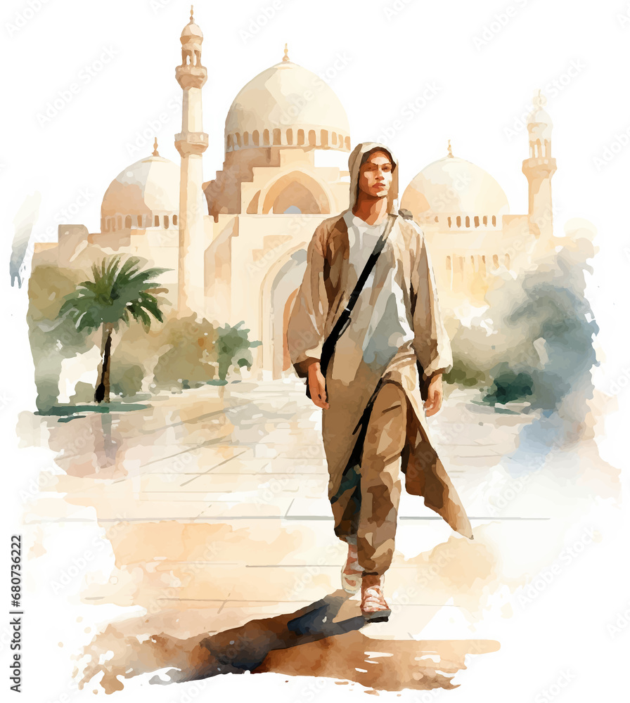 custom made wallpaper toronto digitalmuslim man stand in front of mosque , watercolor clipart
