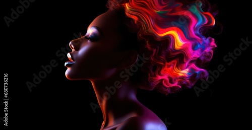  black woman silhouette, with abstract bright colorful hair in liquid motion, against dark background, for black history month concept art 