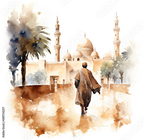 Wallpaper Mural muslim man stand in front of mosque  , watercolor clipart Torontodigital.ca