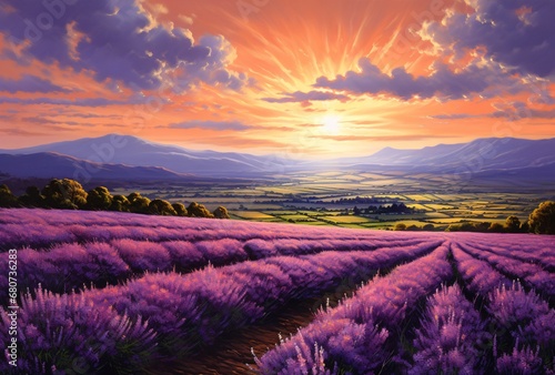 painting of lavender field sunset by, vivid realism, tonalist genius, impressive panoramas