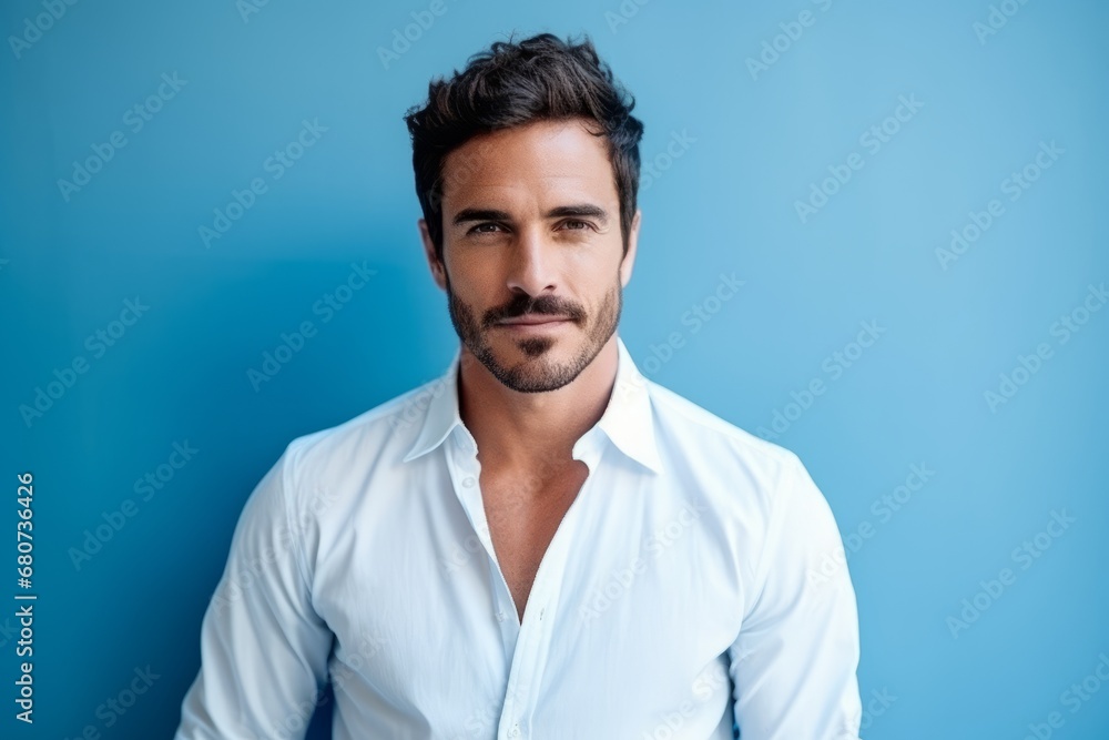 Portrait of a handsome young man in white shirt over blue background - obrazy, fototapety, plakaty 