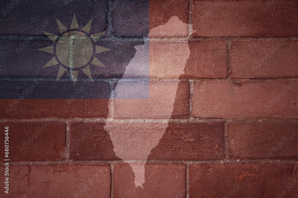 map and flag of taiwan on a old brick wall