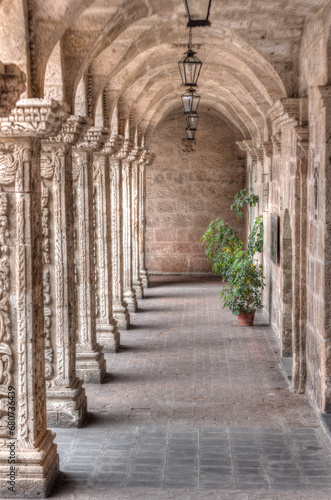Perspective of carved columns in the Cloister of the La Compania Church  Arequipa  Peru. 17th century. HDR