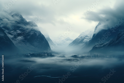 A mountain range shrouded in mist, unveiling peaks and valleys in a mystical display of nature's enigmatic beauty. Concept of misty mountain allure. Generative Ai.