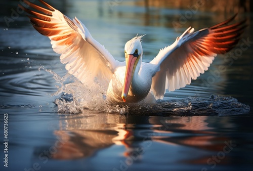 pelican flying on water and reflections l, translucent planes, humorous imagery, white and orange photo